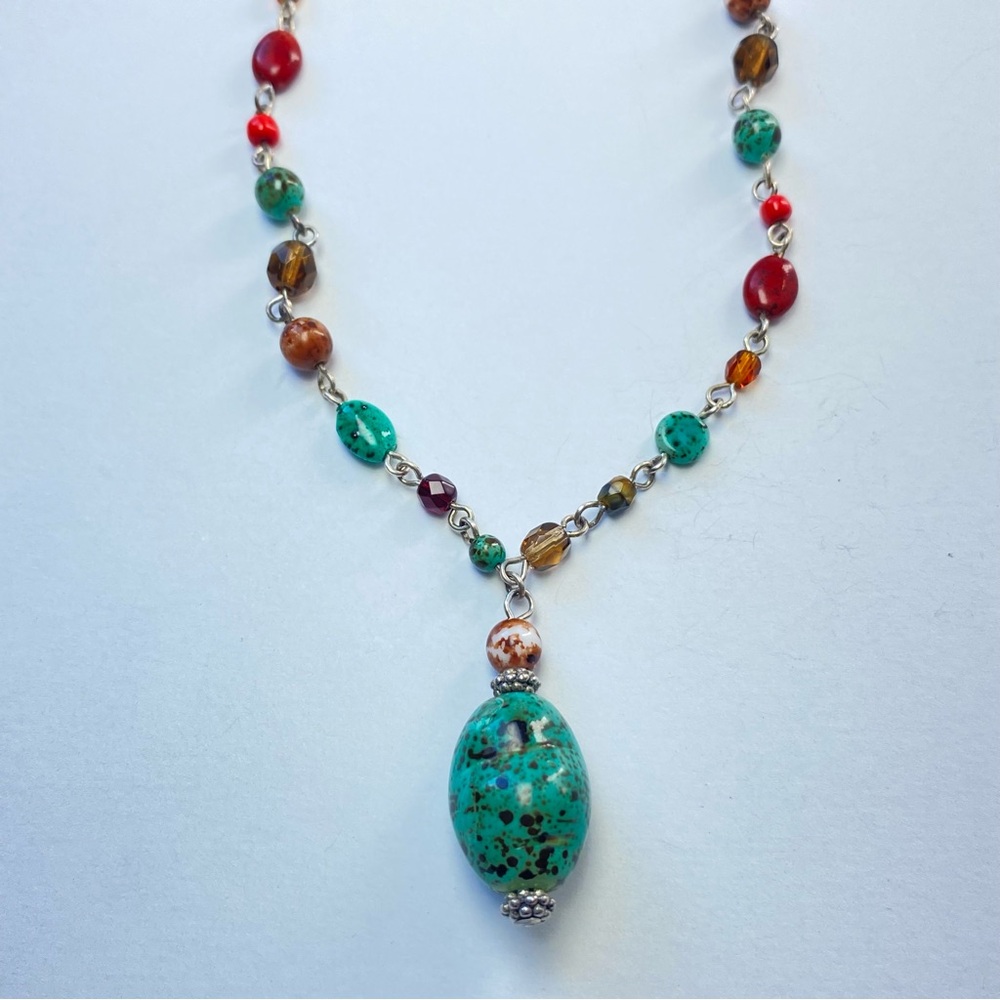 Vintage Napier Retro Faux Turquoise Pendant Beaded Stone Station Y Drop Necklace - Picture 2 of 9